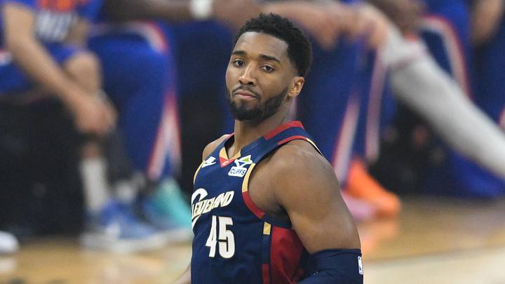 May 25, 2026; Cleveland, Ohio, USA; Cleveland Cavaliers guard Donovan Mitchell (45) reacts in the first quarter against New York Knicks during game four of the eastern conference finals for the 2026 NBA playoffs at Rocket Arena. Mandatory Credit: David Richard-Imagn Images