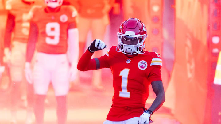Jan 26, 2025; Kansas City, MO, USA; Kansas City Chiefs wide receiver Xavier Worthy (1) reacts as he enters the field prior to the game against the Buffalo Bills in the AFC Championship game at GEHA Field at Arrowhead Stadium. Mandatory Credit: Mark J. Rebilas-Imagn Images