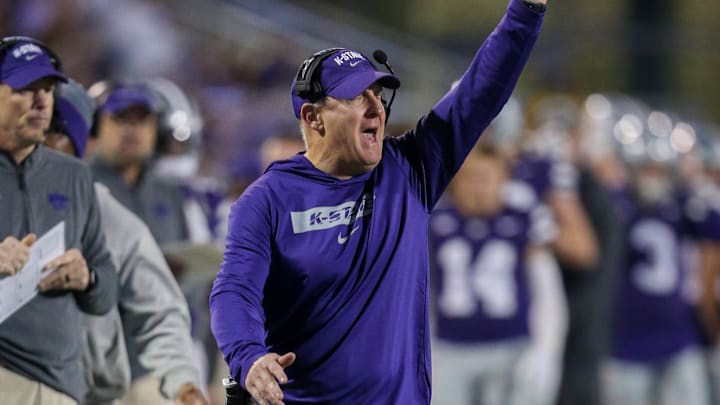 Nov 16, 2024; Manhattan, Kansas, USA; Kansas State Wildcats head coach Chris Klieman yells to his team during the fourth quarter against the Arizona State Sun Devils at Bill Snyder Family Football Stadium. Mandatory Credit: Scott Sewell-Imagn Images Nov 16, 2024; Manhattan, Kansas, USA; Kansas State Wildcats head coach Chris Klieman yells to his team during the fourth quarter against the Arizona State Sun Devils at Bill Snyder Family Football Stadium. Mandatory Credit: Scott Sewell-Imagn Images
