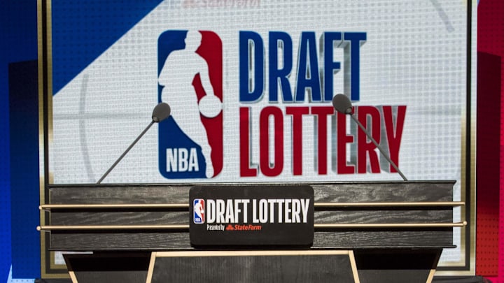May 15, 2018; Chicago, IL, USA; The podium with logos is seen prior to the 2018 NBA Draft Lottery at May 15, 2018; Chicago, IL, USA; The podium with logos is seen prior to the 2018 NBA Draft Lottery at