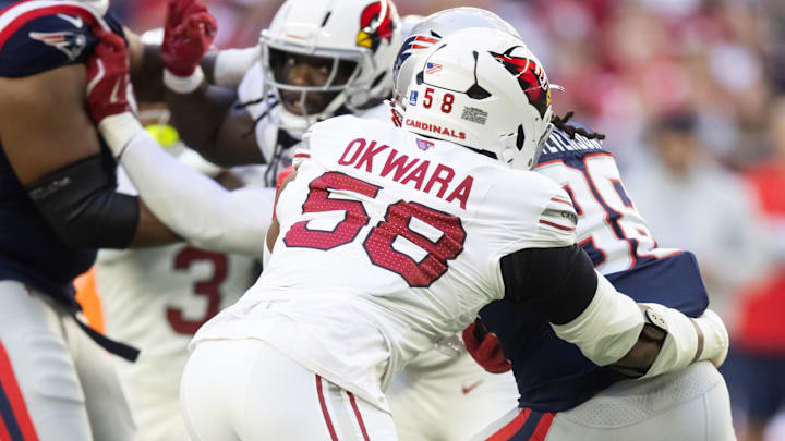 Dec 15, 2024; Glendale, Arizona, USA; Arizona Cardinals linebacker Julian Okwara (58) against the New England Patriots at State Farm Stadium. Mandatory Credit: Mark J. Rebilas-Imagn Images