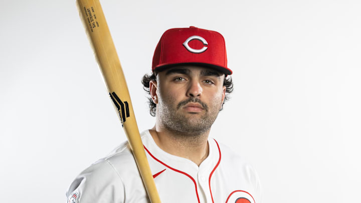 Feb 18, 2025; Goodyear, AZ, USA; Cincinnati Reds infielder Sal Stewart poses for a portrait during Media Day at the Cincinnati Reds Development Complex. Mandatory Credit: Mark J. Rebilas-Imagn Images