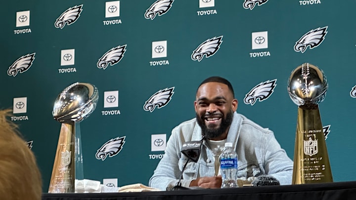 Framed by the two Lombardi Trophies he helped deliver to the Eagles, Brandon Graham smiles during his retirement press conference on March 18, 2025. Framed by the two Lombardi Trophies he helped deliver to the Eagles, Brandon Graham smiles during his retirement press conference on March 18, 2025.