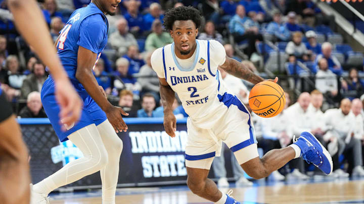 Indiana State Sycamores guard Isaiah Swope (2) rushes up the court against Southern Methodist