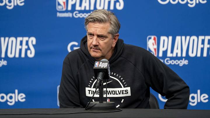 May 8, 2026; Minneapolis, Minnesota, USA; Minnesota Timberwolves head coach Chris Finch talks to the media before game three of the second round of the 2026 NBA Playoffs against the San Antonio Spurs at Target Center. Mandatory Credit: Jesse Johnson-Imagn Images