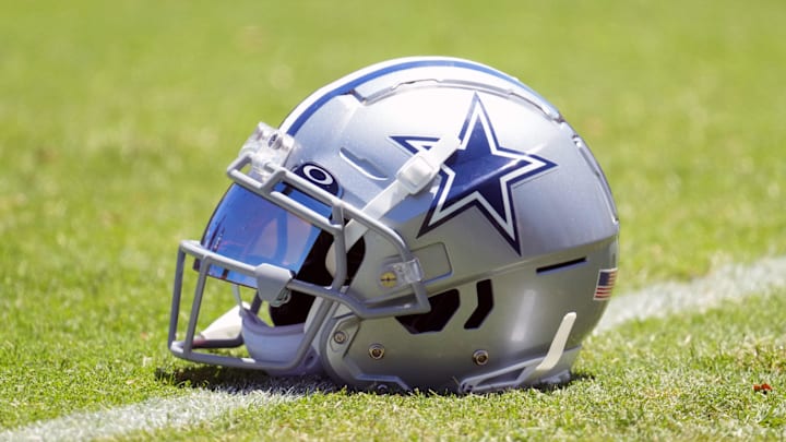 A Dallas Cowboys helmet with Oakley visor at training camp at Marriott Residence Inn-River Ridge Playing Fields. 