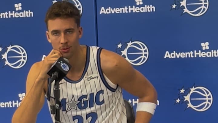 Franz Wagner answers questions during Magic Media Day, 2025