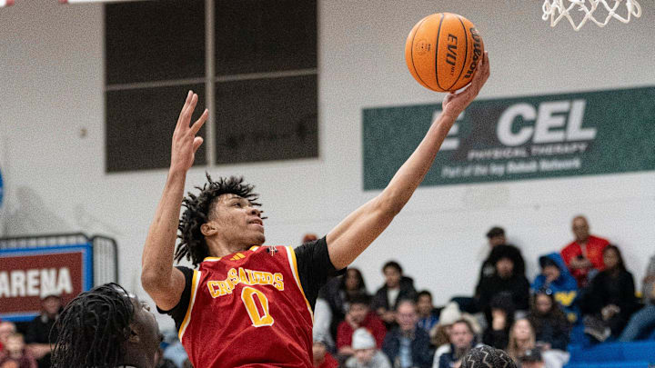 Feb 21, 2025; Hackensack, NJ, USA; St. Joseph vs. Bergen Catholic in the 68th Bergen County Jamboree boys basketball championship at Fairleigh Dickinson. BC #0 Julius Avent drives to the basket.