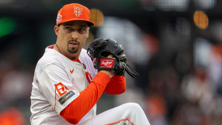 Jul 9, 2024; San Francisco, California, USA;  San Francisco Giants starting pitcher Blake Snell (7) delivers a pitch against the Toronto Blue Jays during the first inning at Oracle Park
