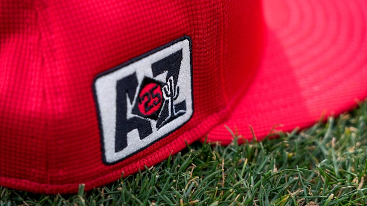 The Cactus League spring training patch on a Cincinnati Reds hat at the Cincinnati Reds Player Development Complex in Goodyear, Ariz., on Thursday, Feb. 13, 2025.