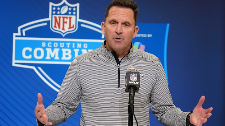 Feb 25, 2025; Indianapolis, IN, USA; Denver Broncos general manager George Paton speaks during the NFL Scouting Combine at the Indiana Convention Center. Mandatory Credit: Kirby Lee-Imagn Images Feb 25, 2025; Indianapolis, IN, USA; Denver Broncos general manager George Paton speaks during the NFL Scouting Combine at the Indiana Convention Center. Mandatory Credit: Kirby Lee-Imagn Images