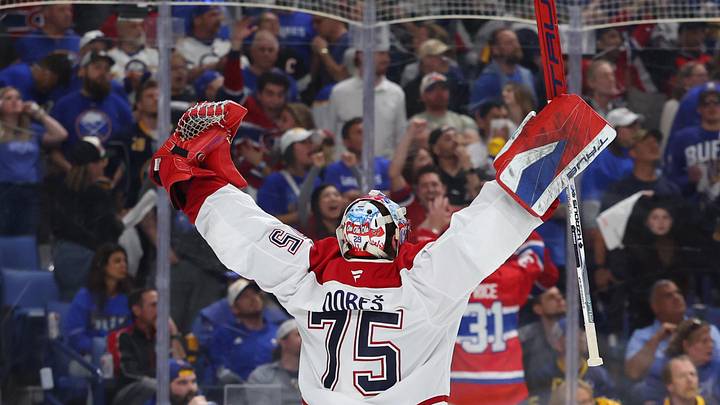 May 18, 2026; Buffalo, New York, USA; Montréal Canadiens goaltender Jakub Dobes (75) reacts after winning the game against the Buffalo Sabres during overtime in game seven of the second round of the 2026 Stanley Cup Playoffs at KeyBank Center. Mandatory Credit: Timothy T. Ludwig-Imagn Images