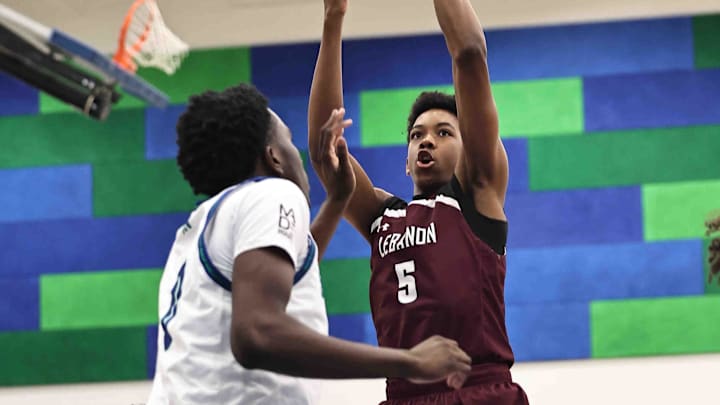 Lebanon forward Anthony Thompson (5) shoots the ball during their during their 50-61 loss to Winton Woods Friday, Jan. 5, 2024.