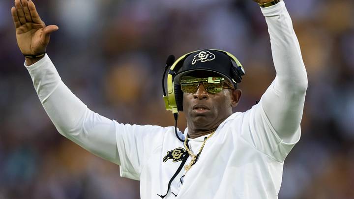 Oct 7, 2023; Tempe, Arizona, USA; Colorado Buffaloes head coach Deion Sanders reacts against the Arizona State Sun Devils in the second half at Mountain America Stadium. Mandatory Credit: Mark J. Rebilas-Imagn Images Oct 7, 2023; Tempe, Arizona, USA; Colorado Buffaloes head coach Deion Sanders reacts against the Arizona State Sun Devils in the second half at Mountain America Stadium. Mandatory Credit: Mark J. Rebilas-Imagn Images