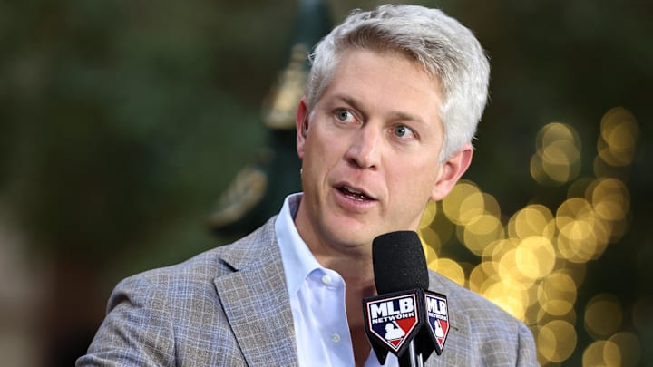 Dec 10, 2024; Dallas, TX, USA; Baltimore Orioles executive vice president and general manager Mike Elias talks on the set of MLB Network at the Hilton Anatole during the 2024 MLB Winter Meetings.