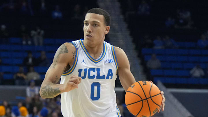 Dec 17, 2024; Los Angeles, California, USA; UCLA Bruins guard Kobe Johnson (0) dribbles the ball against the Prairie View A&M Panthers at Pauley Pavilion presented by Wescom. Mandatory Credit: Kirby Lee-Imagn Images