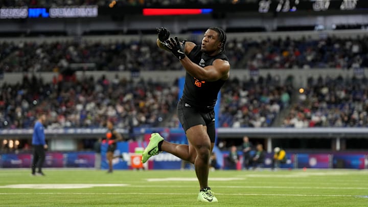 Mar 1, 2025; Indianapolis, IN, USA; UCF running back R.J. Harvey (RB10) during the 2025 NFL Combine at Lucas Oil Stadium.  