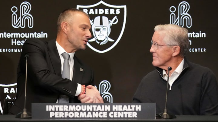 Jan 27, 2025; Las Vegas, NV, USA; Las Vegas Raiders general manager John Spytek (left) and coach Pete Carroll at press conference at Intermountain Health Performance Center. Mandatory Credit: Kirby Lee-Imagn Images