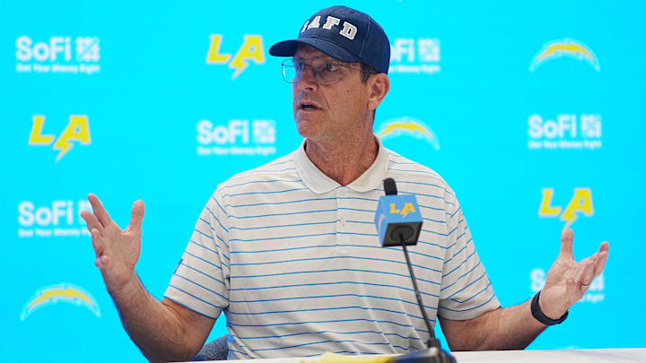 Jan 15, 2025; El Segundo, CA, USA; Los Angeles Chargers coach Jim Harbaugh at a press conference at The Bolt.