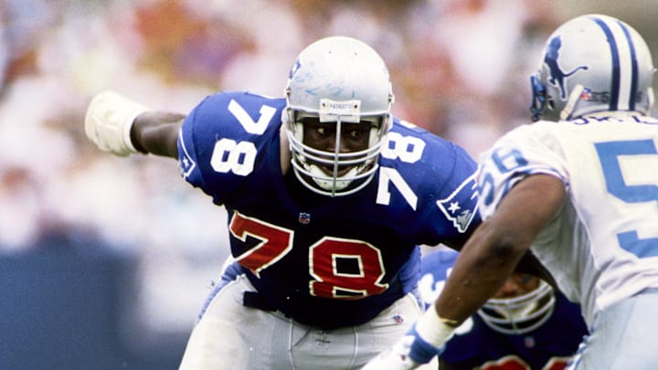 Sep 12, 1993; Foxboro, MA, USA; New England Patriots tackle Bruce Armstrong (78) in action against the Detroit Lions at Foxboro Stadium. FILE PHOTO; Mandatory Credit: Imagn Images