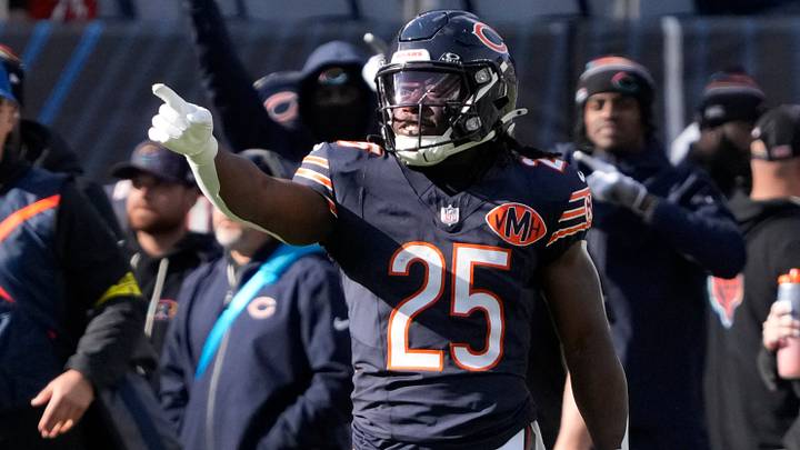 Chicago Bears running back Kyle Monangai (25) reacts after making a first down against the New Orleans Saints during the second half at Soldier Field. Mandatory Credit: David Banks-Imagn Images