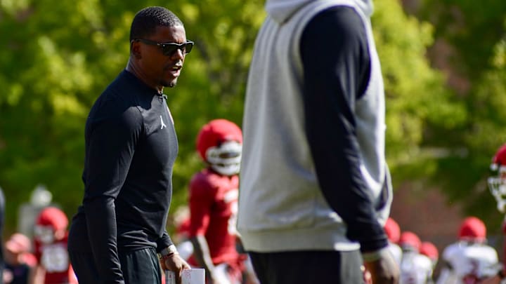 Oklahoma running backs coach Deland McCullough directs a drill during one of the Sooners' spring practices.