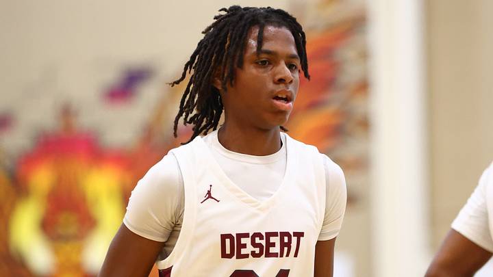 Dec 2, 2023; Scottsdale, AZ, USA; Desert Mountain guard Javon Bardwell (24) against Sierra Canyon during the Hoophall West High School Invitational at Chaparral High School. Mandatory Credit: Mark J. Rebilas-USA TODAY Sports Dec 2, 2023; Scottsdale, AZ, USA; Desert Mountain guard Javon Bardwell (24) against Sierra Canyon during the Hoophall West High School Invitational at Chaparral High School. Mandatory Credit: Mark J. Rebilas-USA TODAY Sports