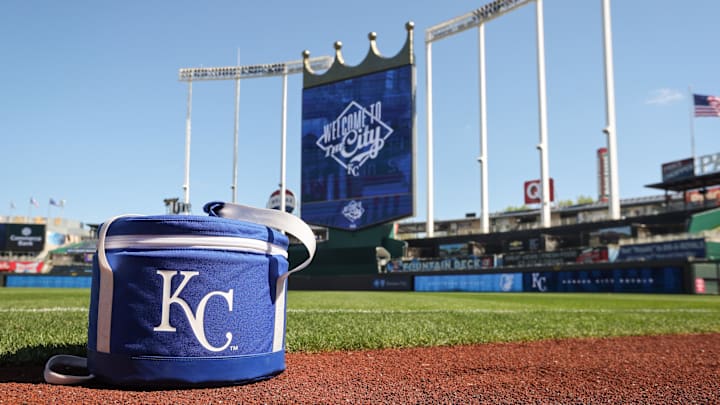 Apr 21, 2024; Kansas City, Missouri, USA; Kansas City Royals ball bag sits on the field prior to the game against the Baltimore Orioles at Kauffman Stadium. Mandatory Credit: William Purnell-Imagn Images