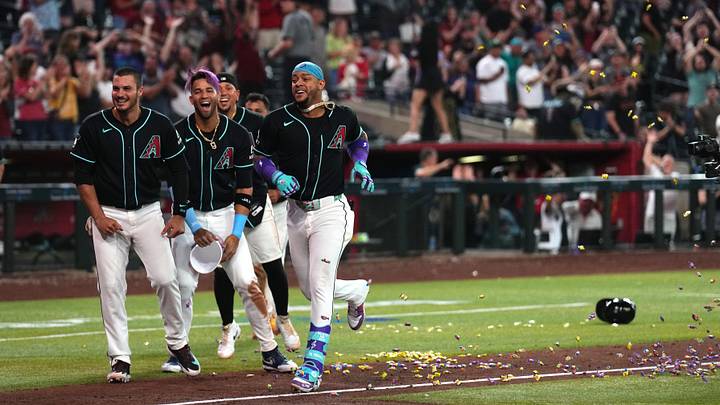 May 19, 2026; Phoenix, Arizona, USA; Arizona Diamondbacks second baseman Ketel Marte (4) is greeted by teammates with bubble gum after hitting a three run walk off home run against the San Francisco Giants during the ninth inning at Chase Field. Mandatory Credit: Joe Camporeale-Imagn Images May 19, 2026; Phoenix, Arizona, USA; Arizona Diamondbacks second baseman Ketel Marte (4) is greeted by teammates with bubble gum after hitting a three run walk off home run against the San Francisco Giants during the ninth inning at Chase Field. Mandatory Credit: Joe Camporeale-Imagn Images