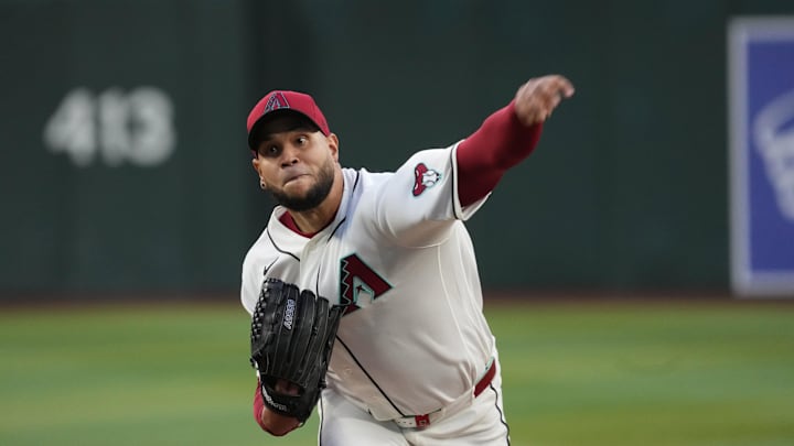 May 5, 2026; Phoenix, Arizona, USA; Arizona Diamondbacks pitcher Eduardo Rodriguez (57) throws against the Pittsburgh Pirates in the first inning at Chase Field. Mandatory Credit: Rick Scuteri-Imagn Images