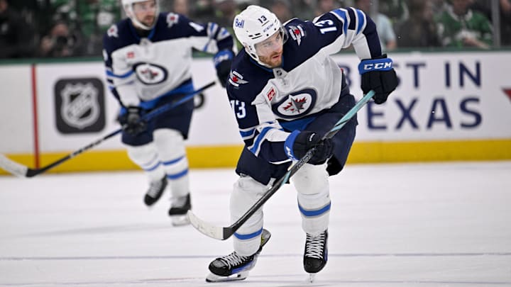 May 11, 2025; Dallas, Texas, USA; Winnipeg Jets center Gabriel Vilardi (13) in action during the game between the Dallas Stars and the Winnipeg Jets in game three of the second round of the 2025 Stanley Cup Playoffs at American Airlines Center. Mandatory Credit: Jerome Miron-Imagn Images