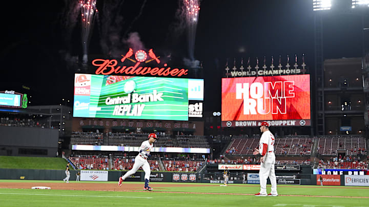 Sep 18, 2024; St. Louis, Missouri, USA;  St. Louis Cardinals shortstop Masyn Winn (0) runs the bases after hitting a game tying solo home run against the Pittsburgh Pirates during the seventh inning at Busch Stadium. Mandatory Credit: Jeff Curry-Imagn Images