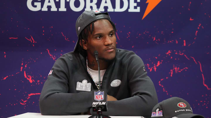 Feb 5, 2024; Las Vegas, NV, USA; San Francisco 49ers cornerback Charvarius Ward (7) during Super Bowl LVIII Opening Night at Allegiant Stadium. Mandatory Credit: Kirby Lee-Imagn Images