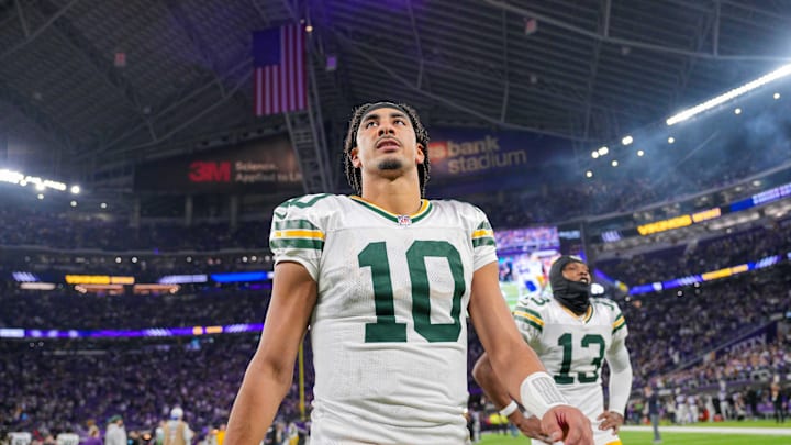 Green Bay Packers quarterback Jordan Love (10) leaves the field after the game against Minnesota Vikings.