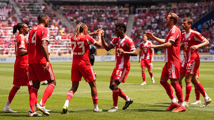 Bayern Munich players celebrating a goal against Auckland City FC.
