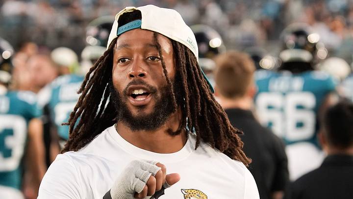Jacksonville Jaguars wide receiver Jakobi Meyers (3) gives his teammates some love while wearing a brace on his right wrist during the first half against the Carolina Panthers at EverBank Stadium in the second preseason game on Friday night, August 21, 2026 in Jacksonville, Fla. [Doug Engle/Florida Times-Union]