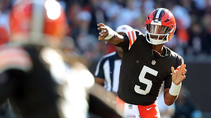 Cleveland Browns quarterback Jameis Winston (5) attempts a pass during the second half of an NFL football game at Huntington Bank Field, Sunday, Oct. 20, 2024, in Cleveland, Ohio.