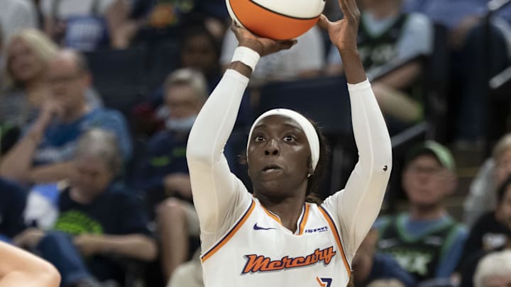 Sep 21, 2025; Minneapolis, Minnesota, USA; Phoenix Mercury guard Kahleah Copper (2) shoots the ball against the Minnesota Lynx in the second half during game one of the second round for the 2025 WNBA Playoffs at Target Center. Mandatory Credit: Jesse Johnson-Imagn Images
