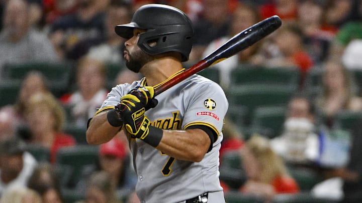 Aug 27, 2025; St. Louis, Missouri, USA;  Pittsburgh Pirates third baseman Isiah Kiner-Falefa (7) hits a double against the St. Louis Cardinals during the sixth inning at Busch Stadium.