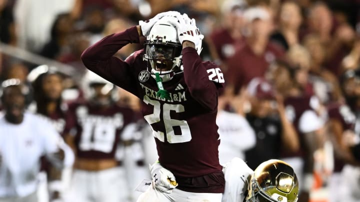 Aug 31, 2024; College Station, Texas, USA; Texas A&M Aggies defensive back Dashawn Fillmore (26) reacts during the second half against Notre Dame Fighting Irish at Kyle Field. Mandatory Credit: Maria Lysaker-USA TODAY Sports Aug 31, 2024; College Station, Texas, USA; Texas A&M Aggies defensive back Dashawn Fillmore (26) reacts during the second half against Notre Dame Fighting Irish at Kyle Field. Mandatory Credit: Maria Lysaker-USA TODAY Sports