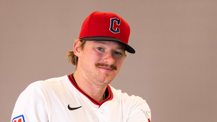 Feb 19, 2026; Goodyear, AZ, USA; Cleveland Guardians first baseman Kyle Manzardo (9) during media day in Goodyear. Mandatory Credit: Arianna Grainey-Imagn Images