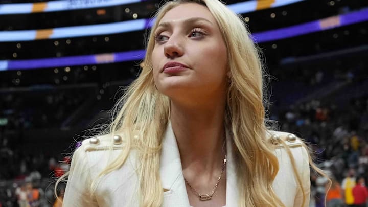 LA Sparks forward Cameron Brink leaves the floor after the game against the Las Vegas Aces at Crypto.com Arena.