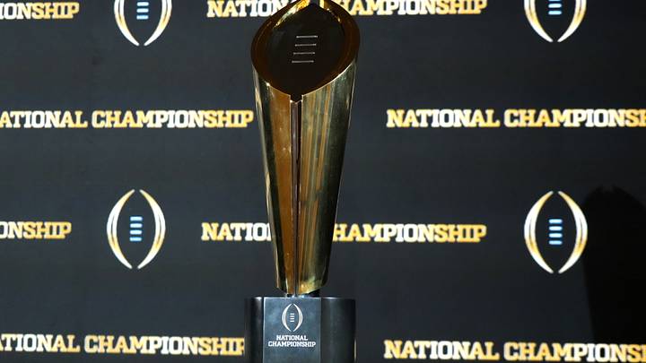 Jan 20, 2026; Miami, FL, USA; The College Football Playoff national champoin trophy at the CFP Champions press conference at Marriott Marquis Miami. Mandatory Credit: Kirby Lee-Imagn Images