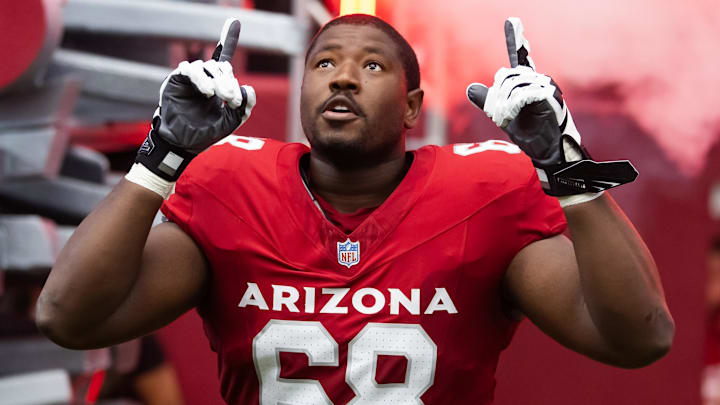 Sep 29, 2024; Glendale, Arizona, USA; Arizona Cardinals offensive tackle Kelvin Beachum (68) against the Washington Commanders at State Farm Stadium. Mandatory Credit: Mark J. Rebilas-Imagn Images Sep 29, 2024; Glendale, Arizona, USA; Arizona Cardinals offensive tackle Kelvin Beachum (68) against the Washington Commanders at State Farm Stadium. Mandatory Credit: Mark J. Rebilas-Imagn Images