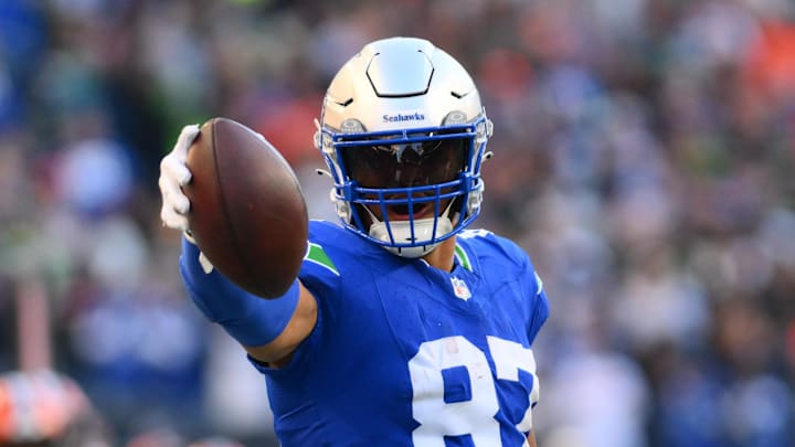 Oct 29, 2023; Seattle, Washington, USA; Seattle Seahawks tight end Noah Fant (87) celebrates getting a first down against the Cleveland Browns at Lumen Field. Mandatory Credit: Steven Bisig-Imagn Images Oct 29, 2023; Seattle, Washington, USA; Seattle Seahawks tight end Noah Fant (87) celebrates getting a first down against the Cleveland Browns at Lumen Field. Mandatory Credit: Steven Bisig-Imagn Images