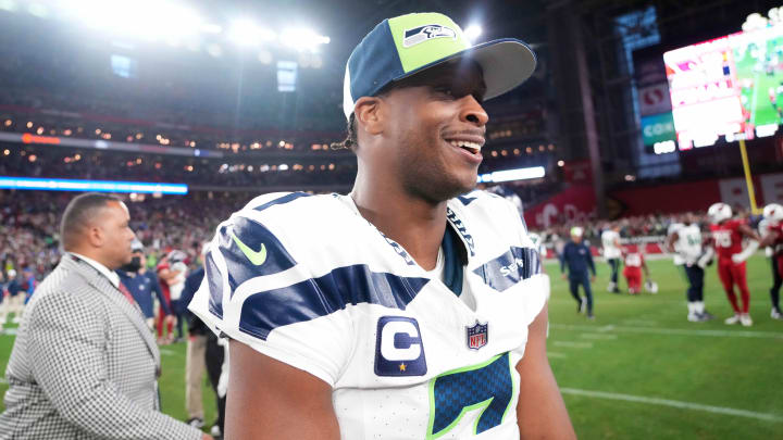 Jan 7, 2024; Glendale, Arizona, USA; Seattle Seahawks quarterback Geno Smith (7) reacts after the game against the Arizona Cardinals at State Farm Stadium. Mandatory Credit: Joe Camporeale-USA TODAY Sports Jan 7, 2024; Glendale, Arizona, USA; Seattle Seahawks quarterback Geno Smith (7) reacts after the game against the Arizona Cardinals at State Farm Stadium. Mandatory Credit: Joe Camporeale-USA TODAY Sports