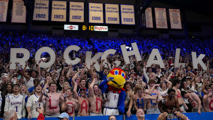 Dec 1, 2023; Lawrence, Kansas, USA; The Kansas Jayhawks student section cheers prior to a game against the Connecticut Huskies at Allen Fieldhouse. Mandatory Credit: Jay Biggerstaff-Imagn Images