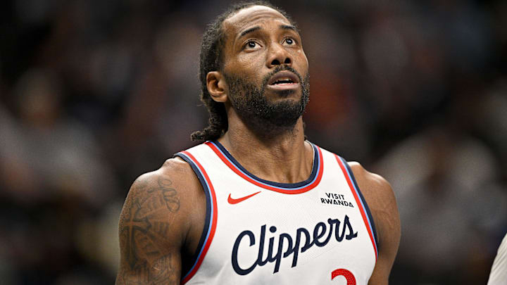 Mar 21, 2026; Dallas, Texas, USA; LA Clippers forward Kawhi Leonard (2) looks on during the second half against the Dallas Mavericks at the American Airlines Center. 