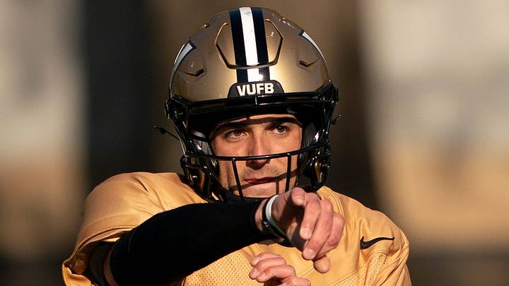 Vanderbilt quarterback Blaze Berlowitz goes through drills at Vanderbilt University’s McGugin Center practice fields Tuesday, April 7, 2026.