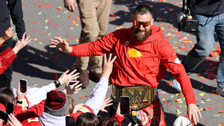 Feb 14, 2024; Kansas City, MO, USA; Kansas City Chiefs tight end Travis Kelce (87) celebrates.
